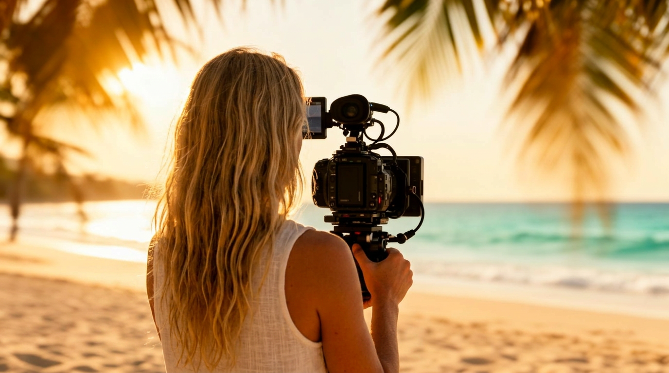 Videographer filming at the beach during golden hour